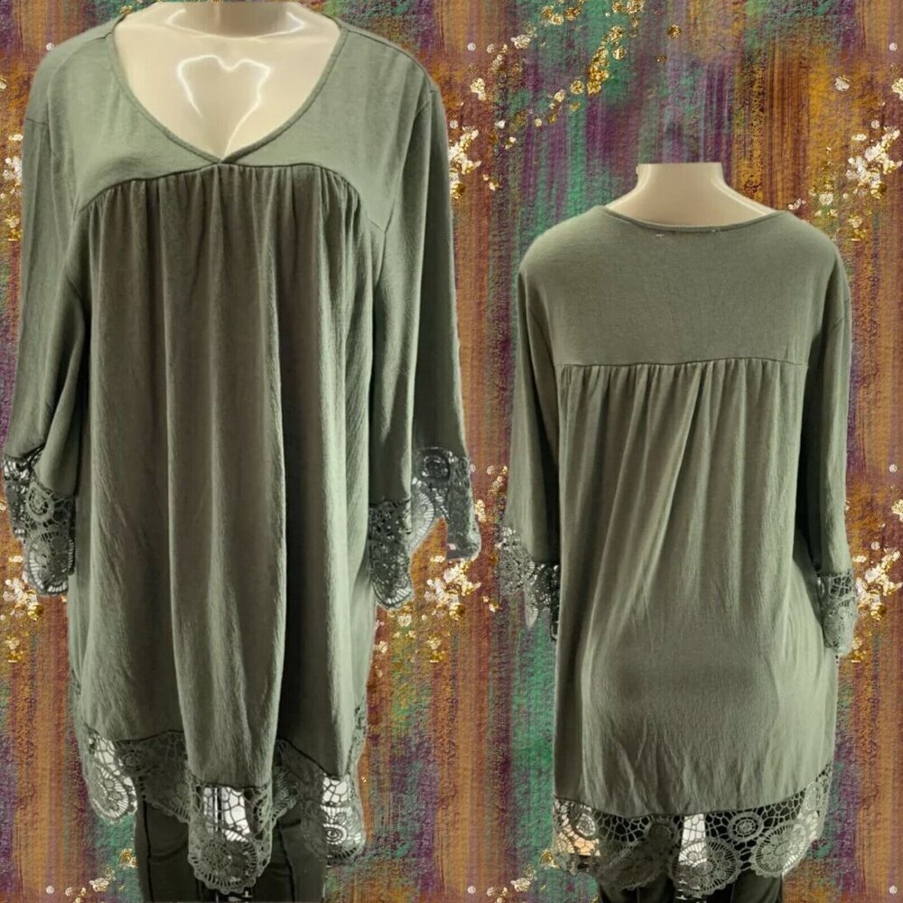 Indigo Rose +1X Green V-Neckline Crochet Detail 3/4 Bell Lace Sleeve Tunic ToP